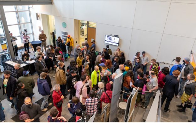 Photo of the 2022 CXC reception in the lobby of the Billy Ireland Cartoon Library & Museum.